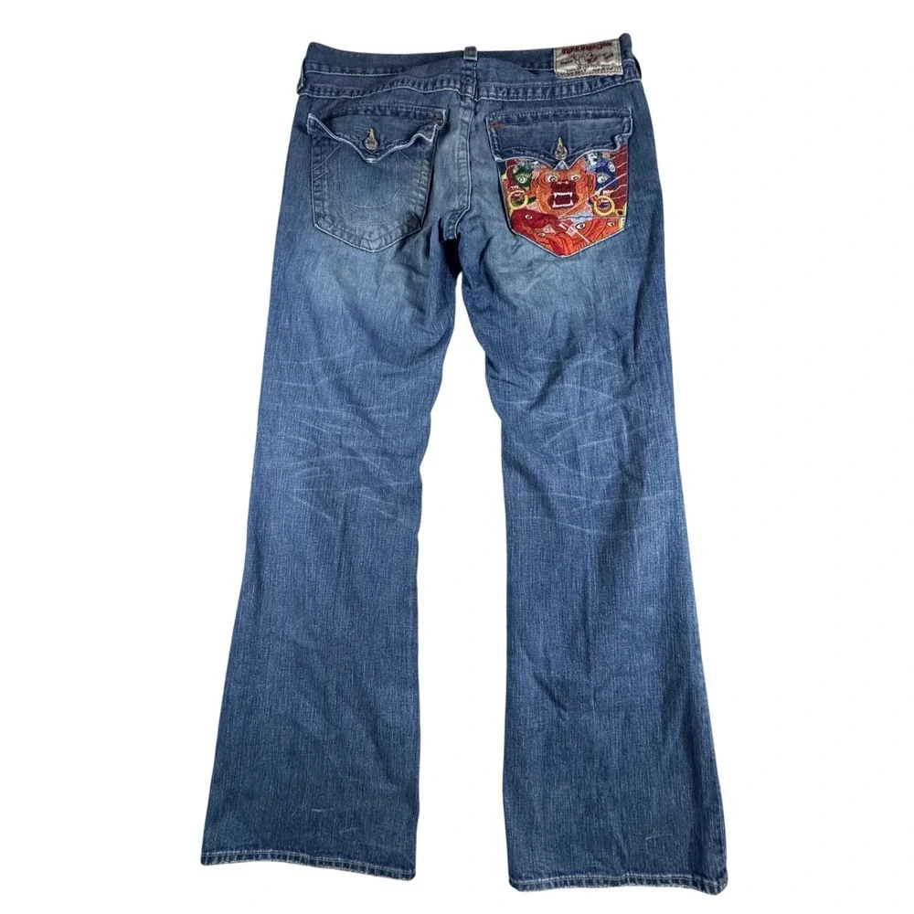 True Religion Billy Jeans Men 36 Blue Distressed Embroidered Mask USA Streetwear